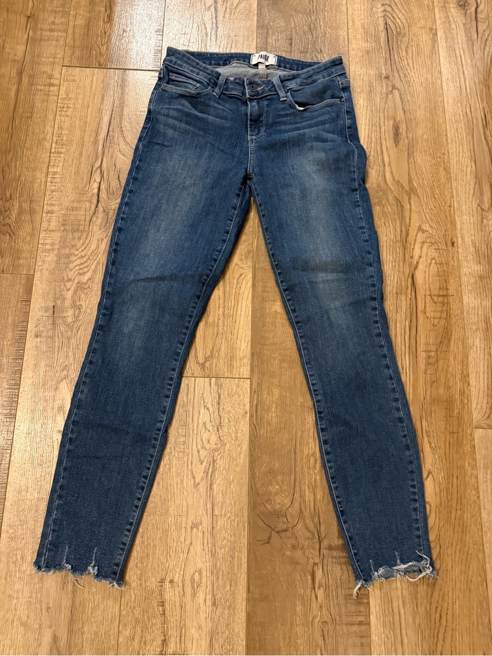 Paige Dark Blue Women's Skinny Jeans with Raw Hem
